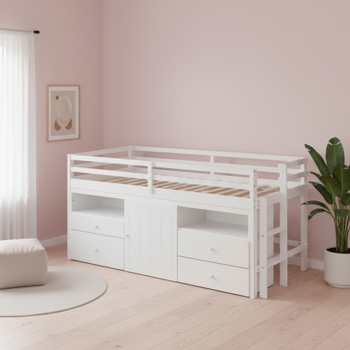 White Four Poster Wood Twin Loft Bed with Shelves