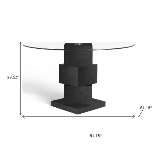 51" Clear and Black Glass and Solid Wood Pedestal Base Round Top Dining Table