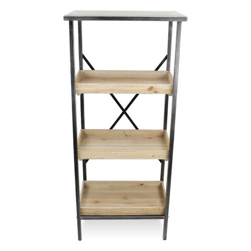 49" Brown Distressed Metal and Wood Three Tier Etagere Bookcase