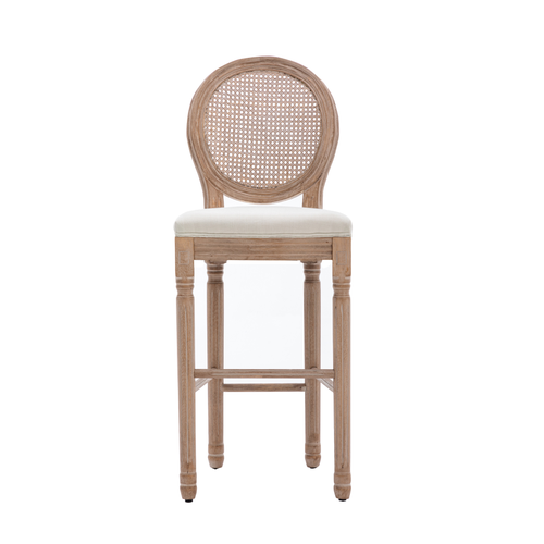 French Country Wooden Barstools Rattan Back With Upholstered Seating 