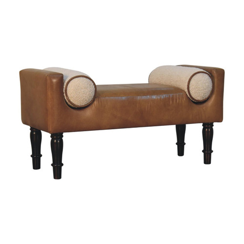 36" Brown and Walnut Genuine Leather and Solid Wood Upholstered Bench