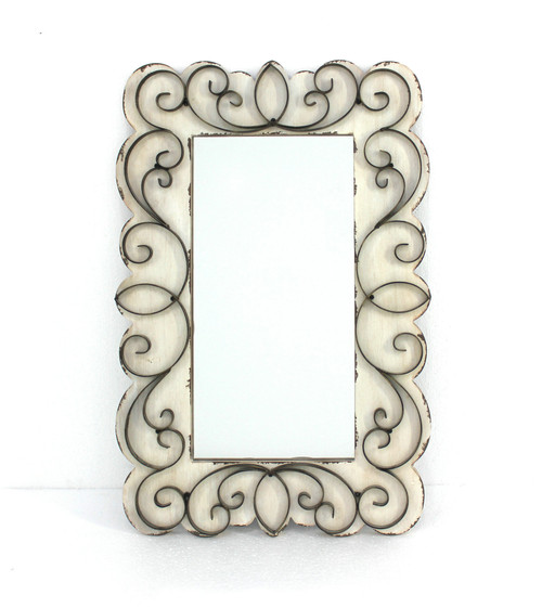 Homeroots 32.75" X 21.75" X 1.25" Bathroom Vintage Decorative Wood & Metal Wall Mirror, White, Antiqued Finish