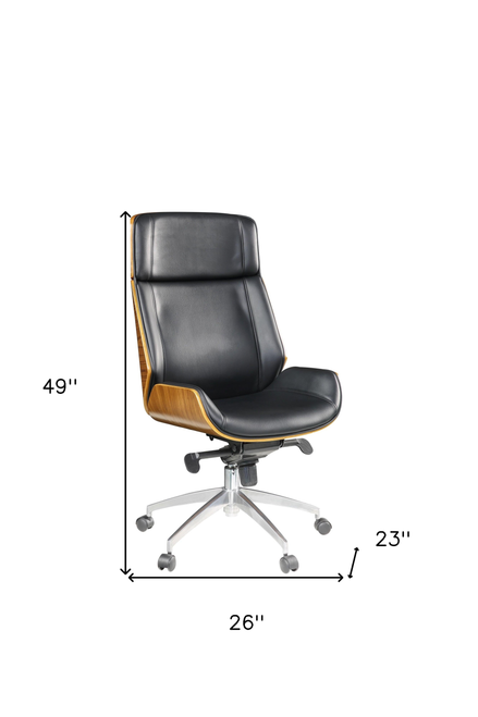 26" X 23" X 49" Black Bonded Leather And Bentwood Frame Executive Office Chair With Solid Chrome Base And Caster Wheels