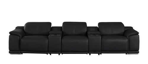 134" Black Top Grain Leather Reclining USB Sofa And Storage