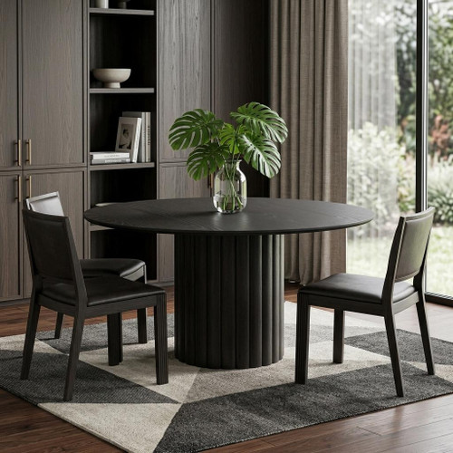 60" Black Solid Wood Pedestal Base Round Top Dining Table