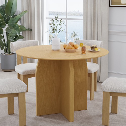 42" Beige Solid Wood Pedestal Base Round Top Dining Table