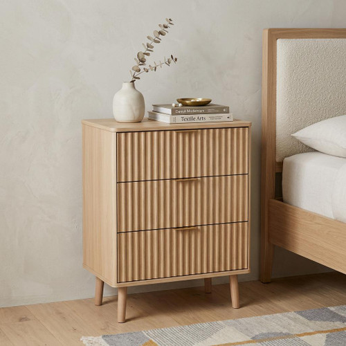 30" Natural Wood Ribbed Texture And Mirrored Glass Three Drawer Nightstand