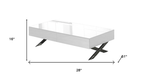 28" White and Silver Glass and Metal Cross Legs Coffee Table With Two Drawers