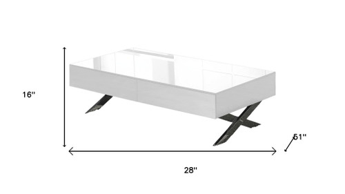 28" White and Silver Glass and Metal Cross Legs Coffee Table With Two Drawers