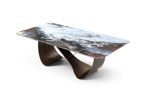94" Black White and Bronze Ceramic and Metal Cross Leg Base Dining Table