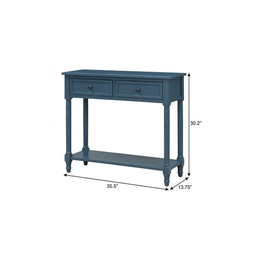 36" Navy Blue Wood Console Table With Shelf And Two Drawers
