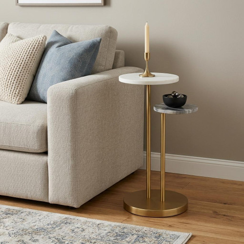 22" Black White and Gold Marble and Iron Round Pedestal End Table
