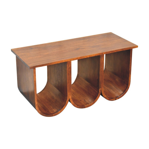 32" Chestnut Solid Wood Abstract Coffee Table With Three Shelves