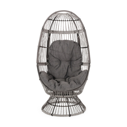 31" Gray Metal Outdoor Egg Chair with Gray Cushion