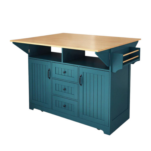 56" Teal Blue Wood Barn Door Rolling Kitchen Island With Storage With USB