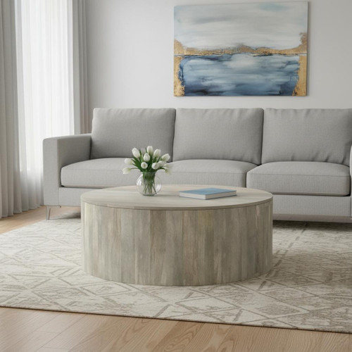 36" White Solid Wood Round Drum Coffee Table