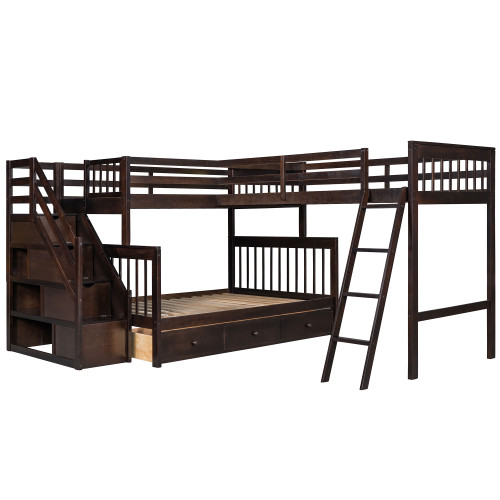 Espresso Twin Over Full Solid Wood Bunk Bed With Stairs And Storage