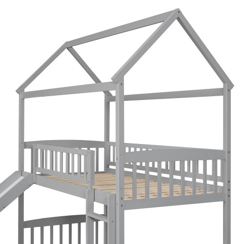 Gray Twin Over Twin Solid Wood Bunk Bed With Slide