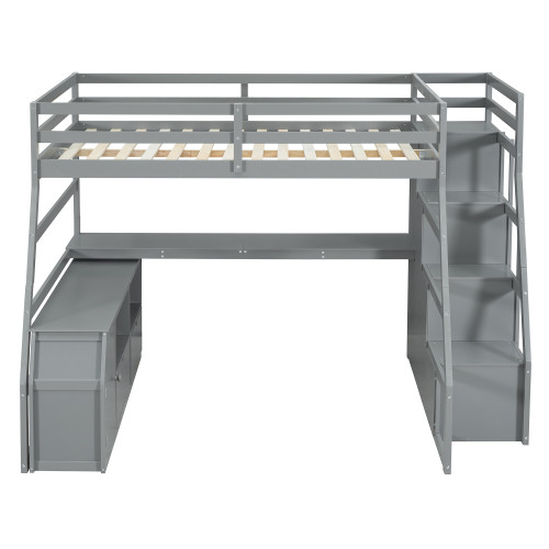 Gray Four Poster Wood Full Double Loft Bed with Stairs and Desk and Shelves