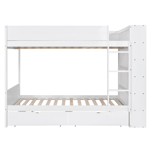 White Full Over Full Wood Bunk Bed With Drawers And Storage