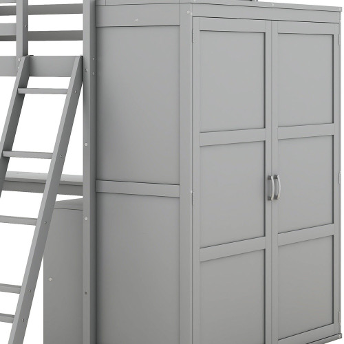 Gray Platform Wood Full Double Loft Bed with Desk and Shelves