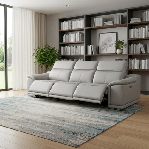 107" Light Gray Italian Leather Reclining Metal USB Sofa