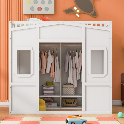 White Four Poster Wood Twin Loft Bed With Drawer And Cabinet