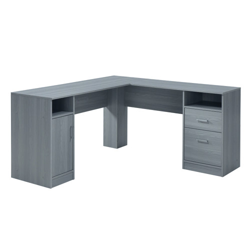 60" Gray Wood L Shape Computer Desk With Two Drawers