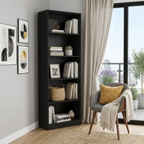 71" Black Wood Five Tier Bookcase