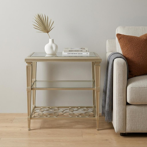 26" Clear and Champagne Glass and Metal End Table With Two Shelves