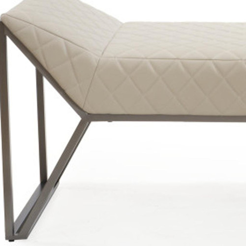 63" Cream and Gray Quilted Faux Leather and Steel Upholstered Bench