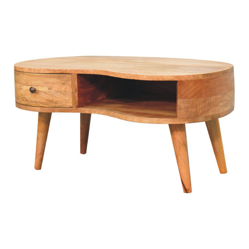 32" Oak Solid Wood Free Form Coffee Table With Drawer And Shelf