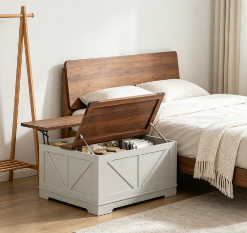 39" Brown and White Wood Lift Top Solid Trunk Coffee Table With Two Shelves