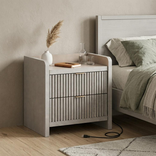 22" Gray Wood Ribbed Texture And Mirrored Glass Two Drawer Nightstand