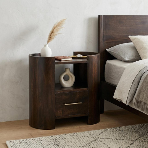 20" Mocha Solid Wood Round One Drawer Nightstand