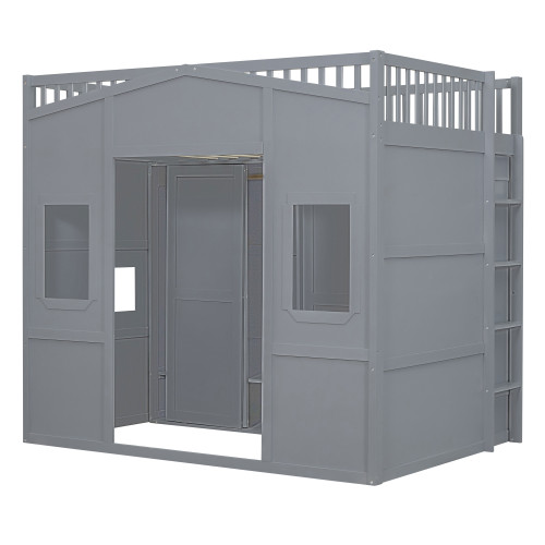 Gray Four Poster Wood Full Double Loft Bed With Drawer And Cabinet