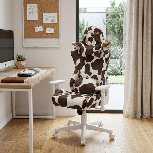 Brown and White Adjustable Height Swivel Rolling Gaming Chair