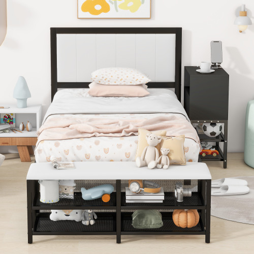 Black and White Metal And Tufted Upholstery Upholstered Twin Bed Frame