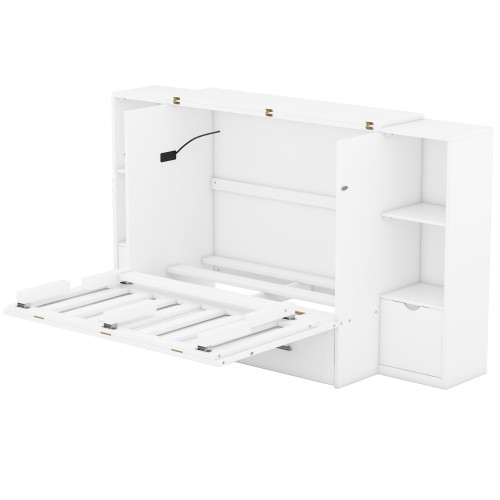 White Wood Queen Murphy Bed With USB