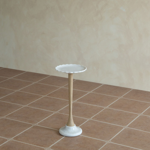 26" White and Brown Marble and Solid Wood Round Pedestal End Table