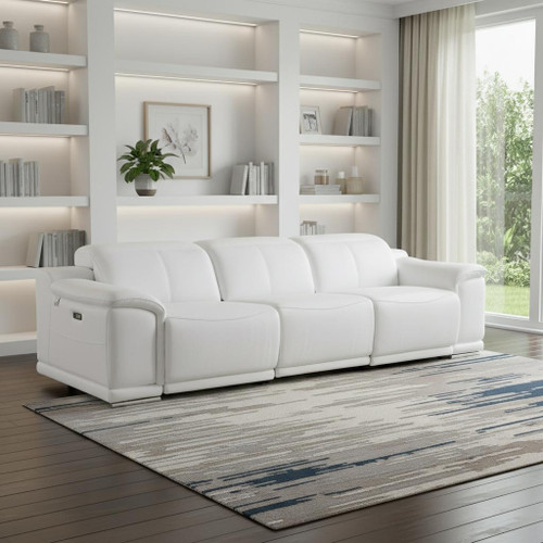 107" White Italian Leather Reclining Metal USB Sofa