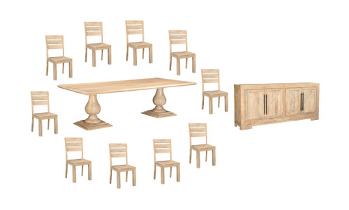 12 Piece Natural Solid Wood Dining Set with 10 and Sideboard
