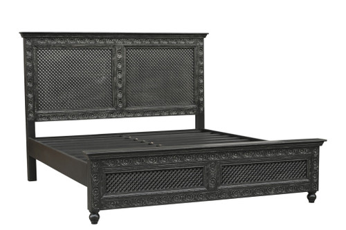 Black Carved Floral Distressed Solid Wood King Bed Frame