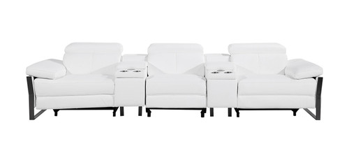 129" White Top Grain Leather Reclining Metal USB Sofa