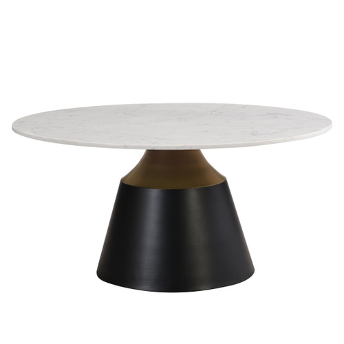 35" White Black and Gold Faux Marble and Steel Round Pedestal Coffee Table