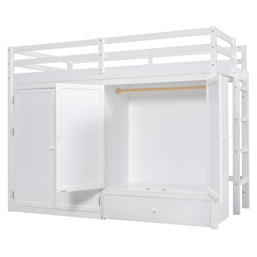 White Four Poster Wood Twin Loft Bed with Shelves