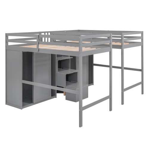 Gray Platform Wood Full Double Loft Bed