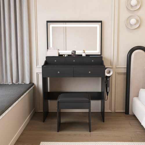 30" Black Wood Mirrored Five Drawer Vanity Table