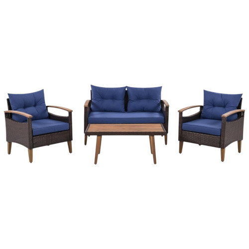 Three Piece Outdoor Blue Rattan Sofa Seating Group with Blue Cushions