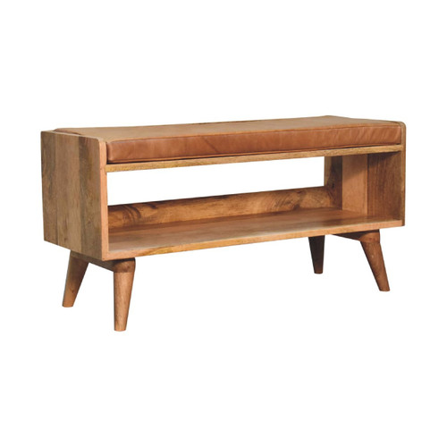 35" Brown Genuine Leather and Solid Wood Upholstered Storage Bench With Cabinet